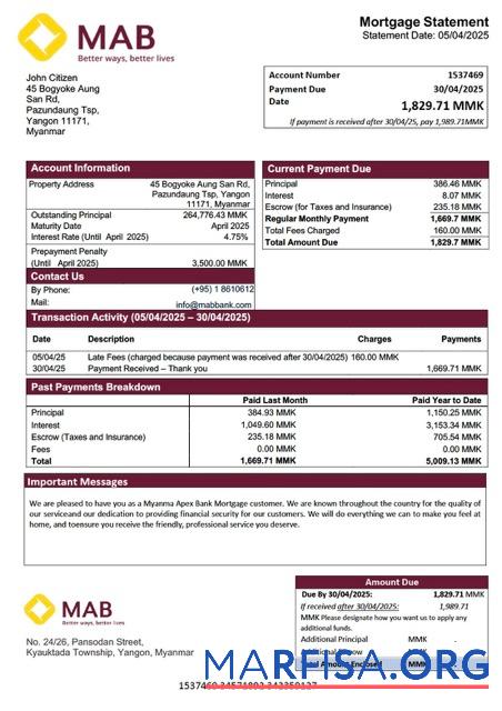 Printable Myanma Apex Bank mortgage statement Word and PDF template
